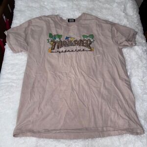 Thrasher Magazine Tiki Torch Graphic Print Tan Beige Skate‎ T Shirt Mens
